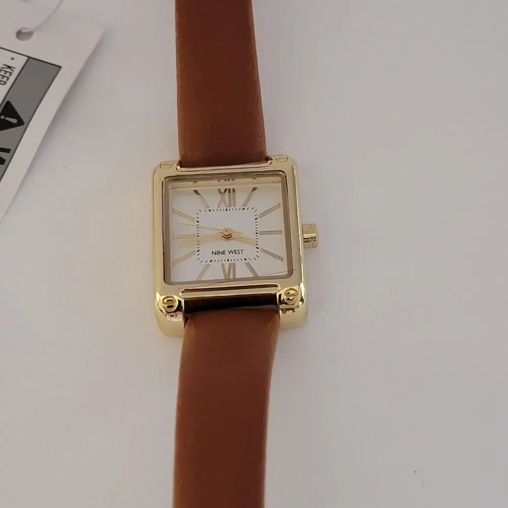 Nine West Womens Watch White Dial Gold Case Brown Faux Leather Strap Quartz